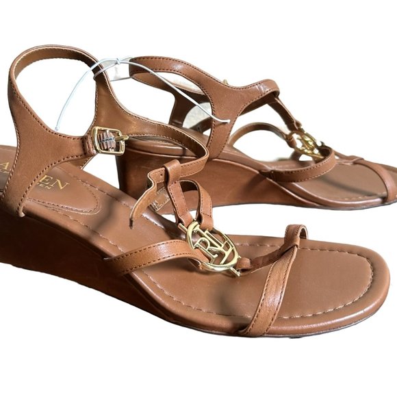 Ralph Lauren Wedge Sandals with Tan Leather Straps & Gold "RL" Emblem Size 8.5B - Picture 2 of 5